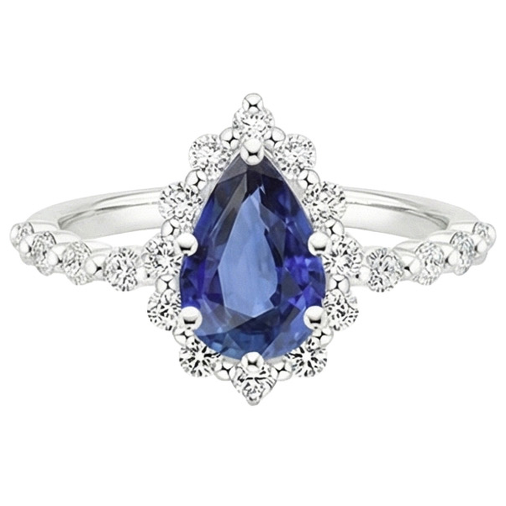 Halo Ring Flower Style Pear Blue Sapphire & Natural Earth Mined Diamonds 5 Carats