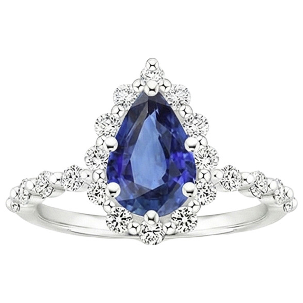 Halo Ring Flower Style Pear Blue Sapphire & Natural Earth Mined Diamonds 5 Carats