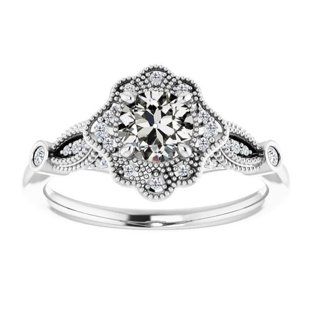 Halo Ring Genuine Round Old Mine Cut Diamond Milgrain Flower Style 2.50 Carats