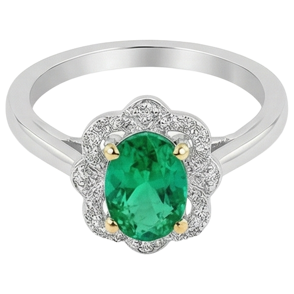 Emerald Oval Cut Precious Stone Ring in Two-Tone 14K Gold – angle view