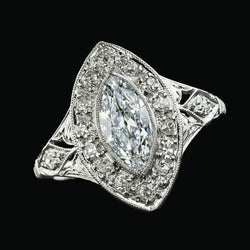 Halo Ring Marquise Old Mine Cut Real Natural Earth Mined Diamond Bezel Set Milgrain 6 Carats