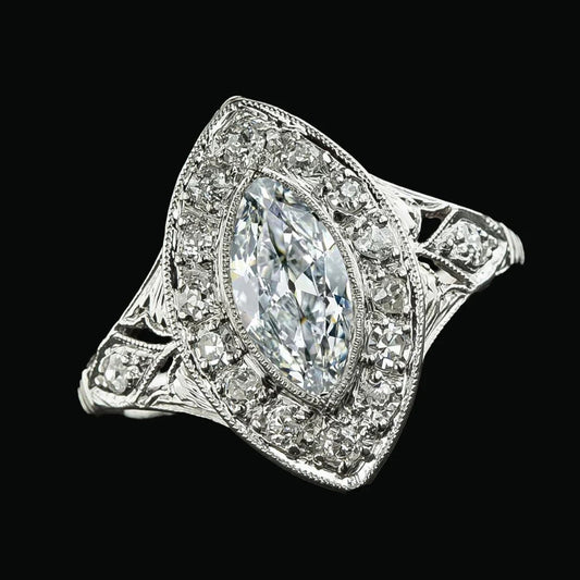 Halo Ring Marquise Old Mine Cut Real Diamond Bezel Set Milgrain 6 Carats