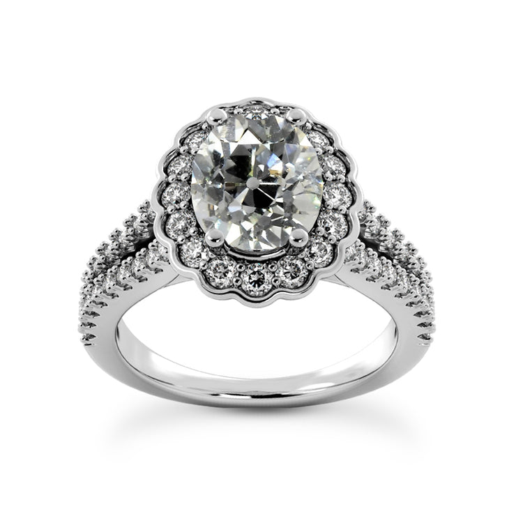 Halo Ring Old Cut Oval Natural Diamonds Flower Style 6 Carats Split Shank