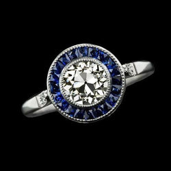 Halo Ring Old Cut Real Round Diamond & Baguette Sapphire Bezel Set 3 Carats