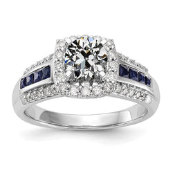 Halo Ring Old Mine Cut Real Diamond & Princess Blue Sapphires 3.75 Carats