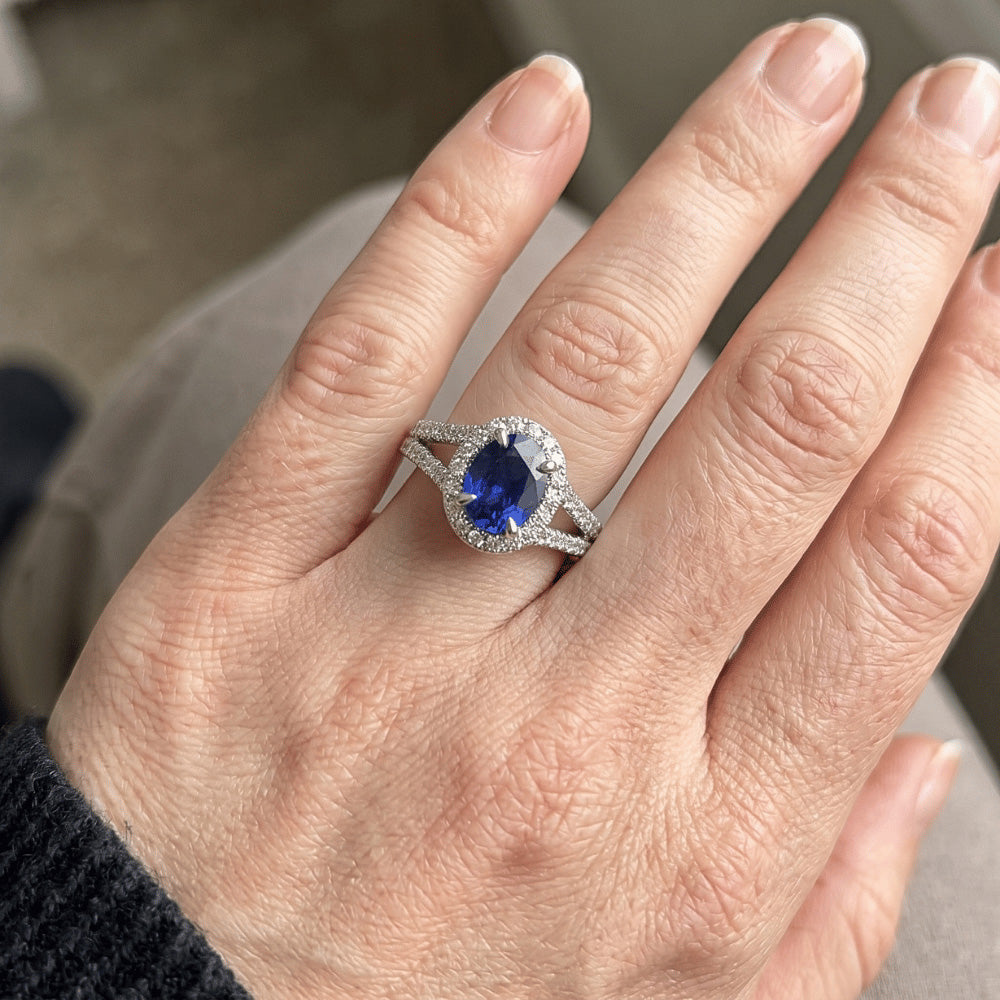 Halo Ring Oval Ceylon Sapphire & Natural Earth Mined DIAMOND ( NOT LAB GROWN )s V Split Shank 4 Carats