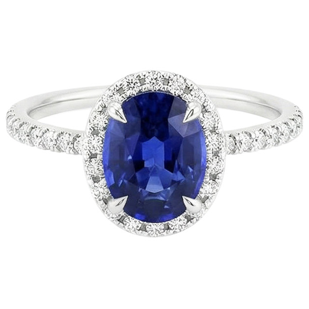 Halo Ring Oval Cut Ceylon Sapphire & Pave Set Natural Earth Mined Diamonds 4 Carats