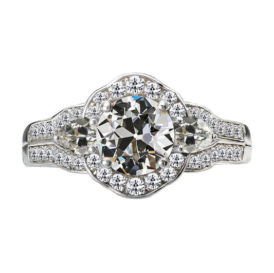 Halo Ring Pear & Round Old Miner Natural Diamond Women's Jewelry 7 Carats