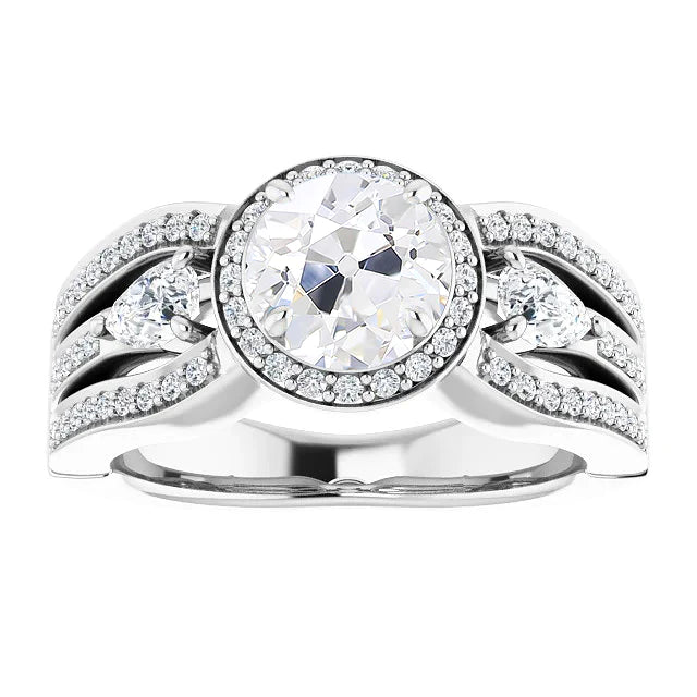 Halo Ring Pear & Round Real Old Cut Diamond Triple-Row Accents 5.50 Carats
