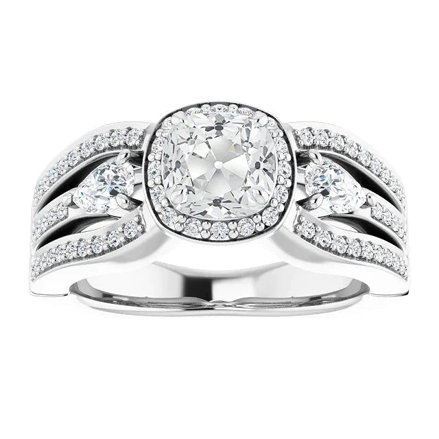 Halo Ring Real Pear & Cushion Old Cut Diamond 3 Stone Style 7 Carats