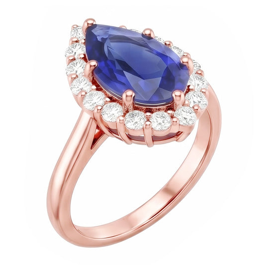 Halo Ring Rose Gold Pear Shape Blue Sapphire & Natural Earth Mined Diamonds 3.75 Carats