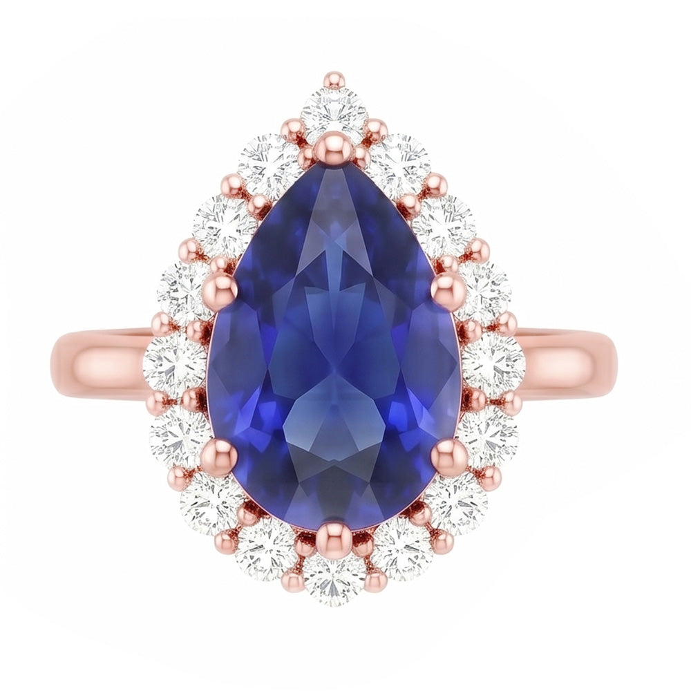 Halo Ring Rose Gold Pear Shape Blue Sapphire & Natural Earth Mined Diamonds 3.75 Carats