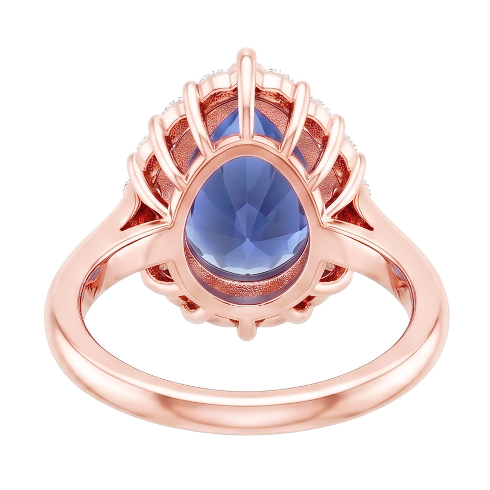Halo Ring Rose Gold Pear Shape Blue Sapphire & Natural Earth Mined Diamonds 3.75 Carats