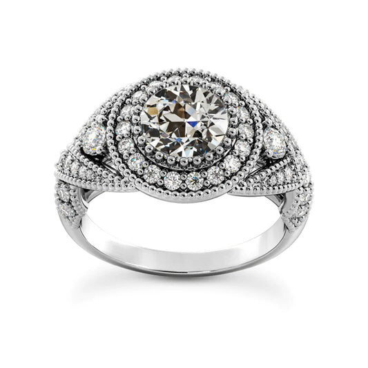 Halo Ring Round Old Cut Real Diamond Milgrain Antique Style 5.50 Carats