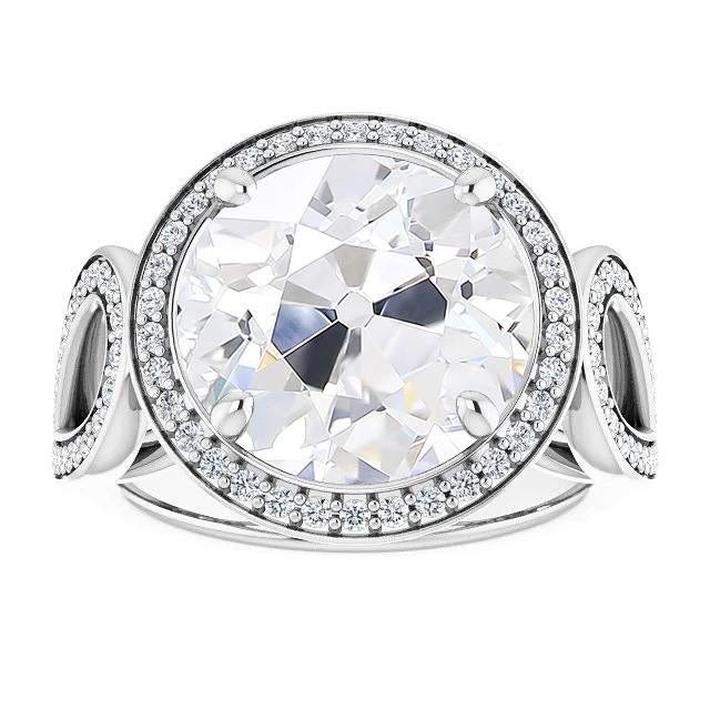 Halo Ring Round Old Cut Real Diamond Prong Set 9.50 Carats Split Shank