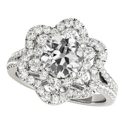 Halo Ring Round Old Cut Real Diamond Split Shank Pave Set 6.50 Carats