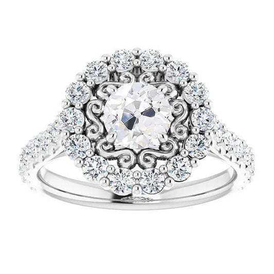 Halo Ring Round Old Mine Cut Genuine Diamond Pave Prong Set 6.25 Carats