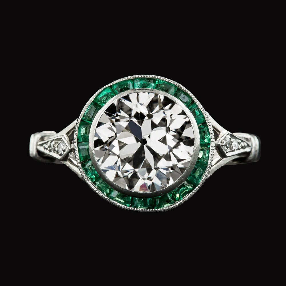 Halo Ring Round Old Mine Cut Real Diamond & Baguette Emerald 5 Carats
