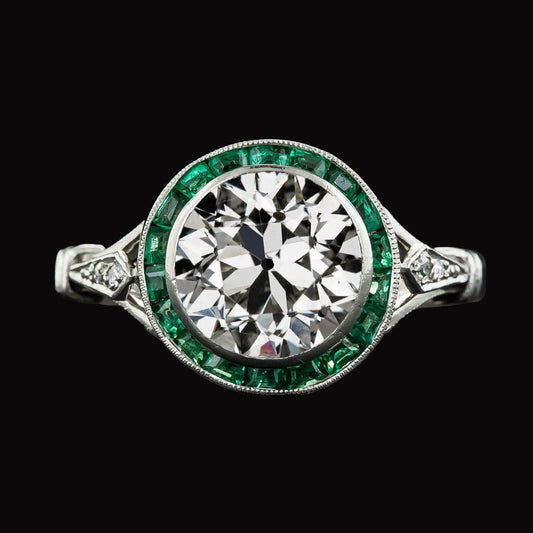 Halo Ring Round Old Mine Cut Real Diamond & Baguette Emerald 5 Carats
