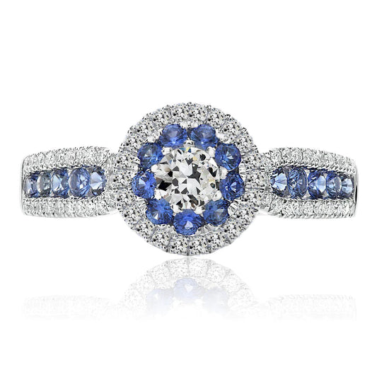 Halo Ring Round Old Miner Real Diamond & Ceylon Sapphire Ring 7 Carats