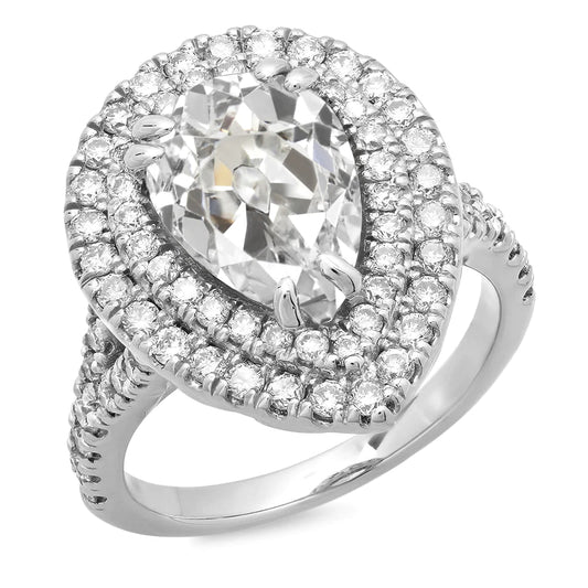 Halo Ring Round & Pear Old Miner Real Diamond Double Prong Set 12.50 Carats