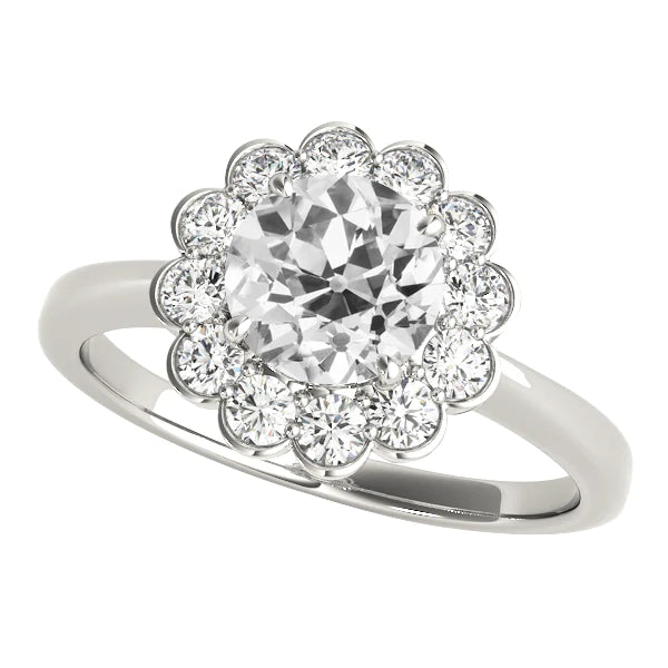 Halo Ring Round Real Old Mine Cut Diamond Flower Style Jewelry 4 Carats
