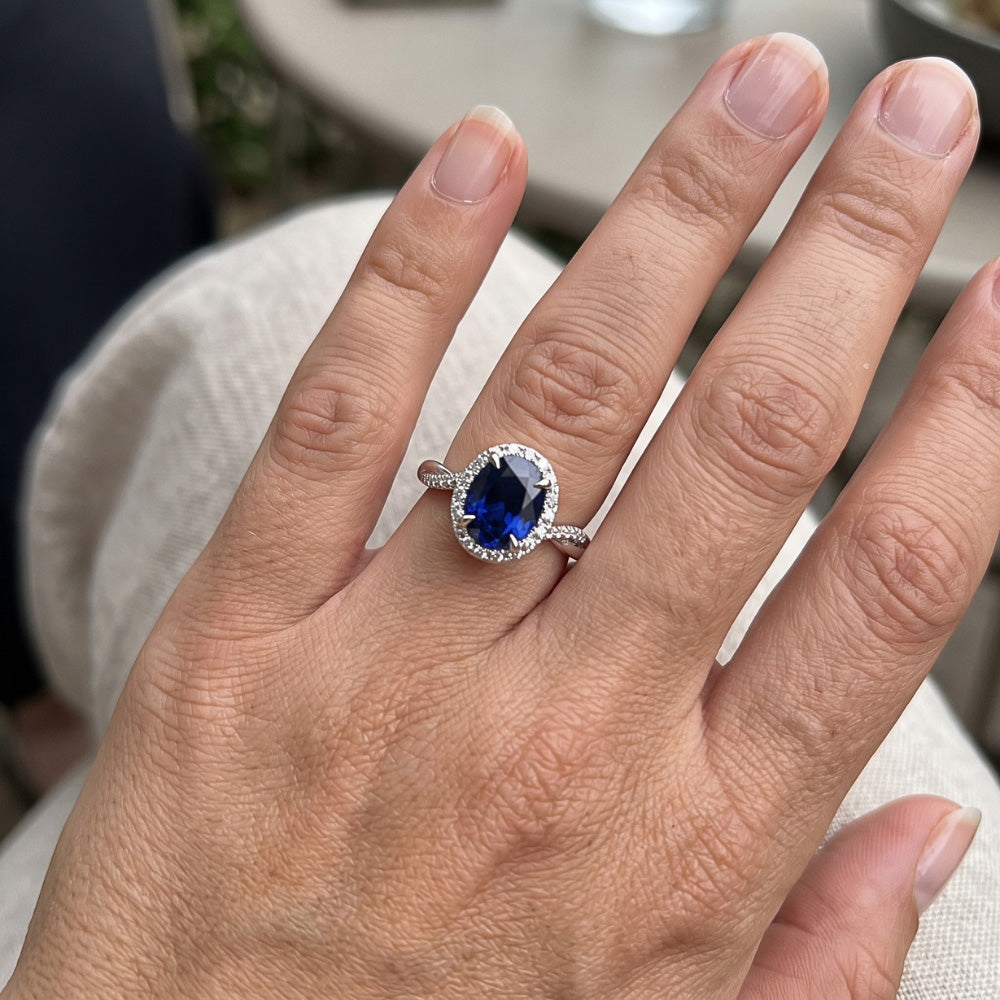 Halo Ring Twisted Style Oval Ceylon Sapphire & Natural Earth Mined DIAMOND ( NOT LAB GROWN )s 4.75 Carats