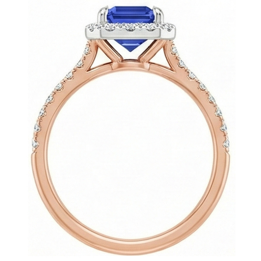 Halo Ring Two Tone Gold Ceylon Sapphire & Natural Earth Mined Diamond 4.25 Carats