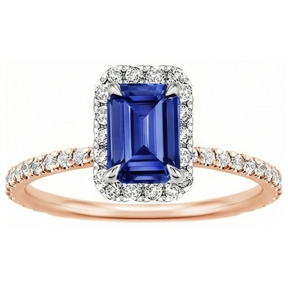 Halo Ring Two Tone Gold Ceylon Sapphire & Natural Earth Mined Diamond 4.25 Carats