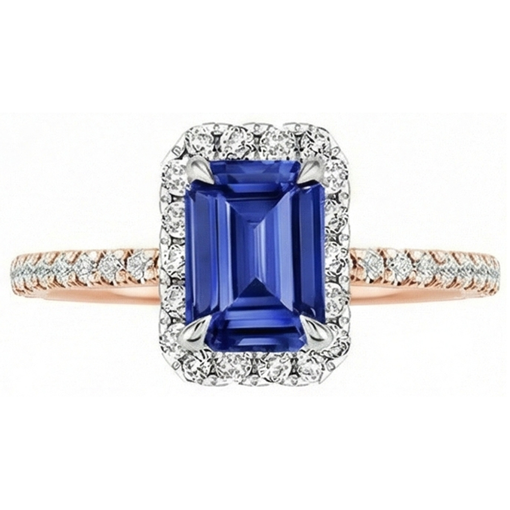 Halo Ring Two Tone Gold Ceylon Sapphire & Natural Earth Mined Diamond 4.25 Carats
