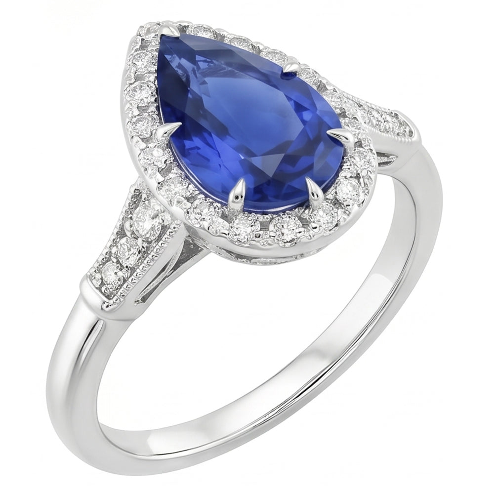 Halo Ring Vintage Style Pear Sri Lankan Sapphire & Natural Earth Mined Diamonds 3.50 Carats