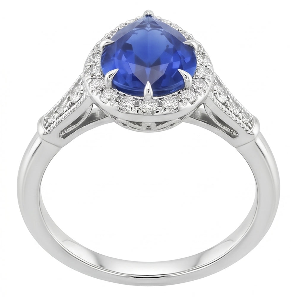Halo Ring Vintage Style Pear Sri Lankan Sapphire & Natural Earth Mined Diamonds 3.50 Carats