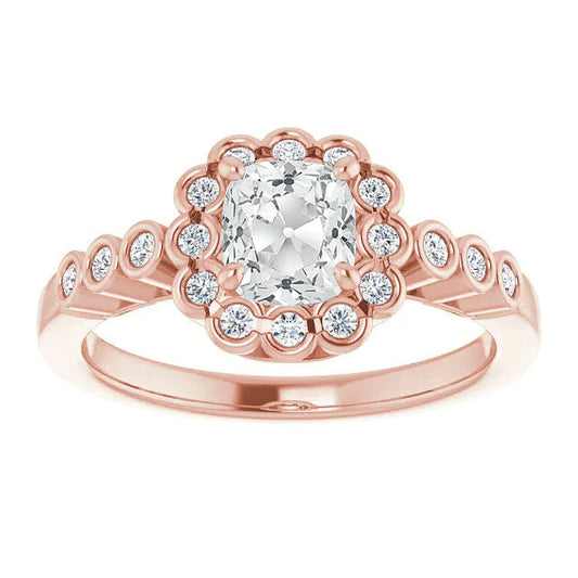 Halo Ring With Accents Cushion Old Cut Real Diamonds Bezel Set 6 Carats