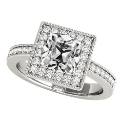 Halo Ring With Accents Cushion Old Mine Cut Real Diamond White Gold 7.50 Carats