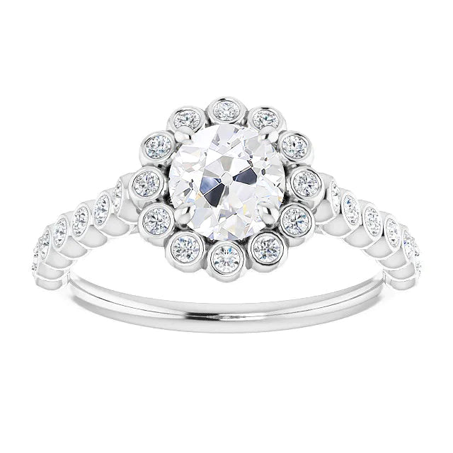 Halo Ring With Accents Old Cut Round Real Diamonds Bezel Prong Set 5 Carats