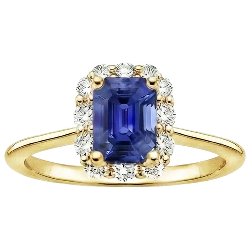 Halo Ring Yellow Gold 14K Ceylon Sapphire & Natural Earth Mined Diamond 4.25 Carats