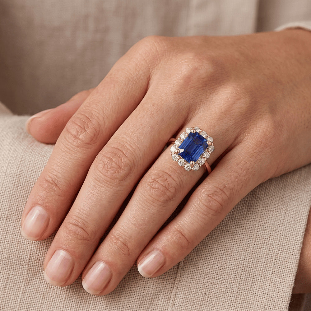 Halo Ring Yellow Gold 14K Ceylon Sapphire & Natural Earth Mined Diamond 4.25 Carats