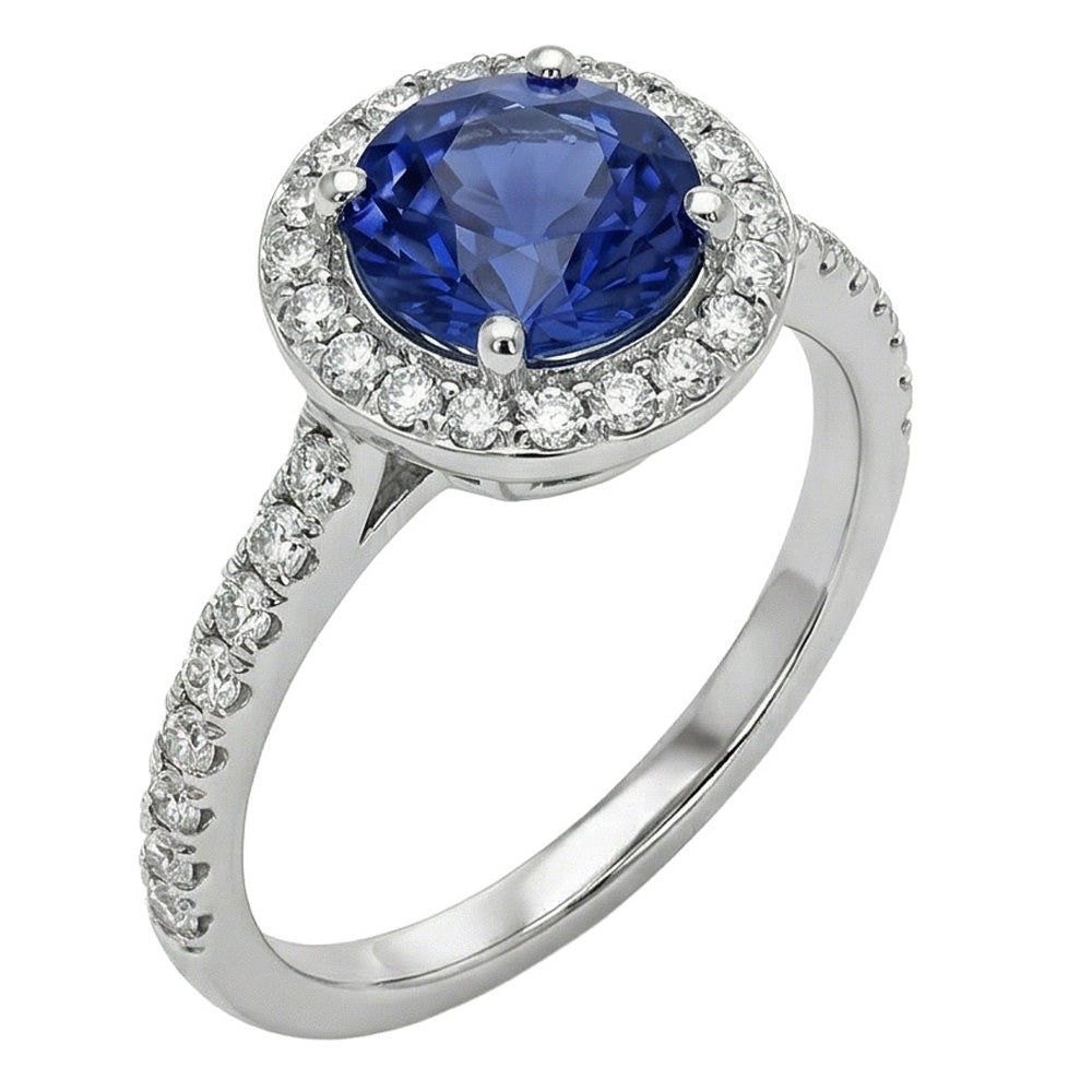 Halo Round Ceylon Sapphire Natural Earth Mined Diamond Ring White Gold 14K