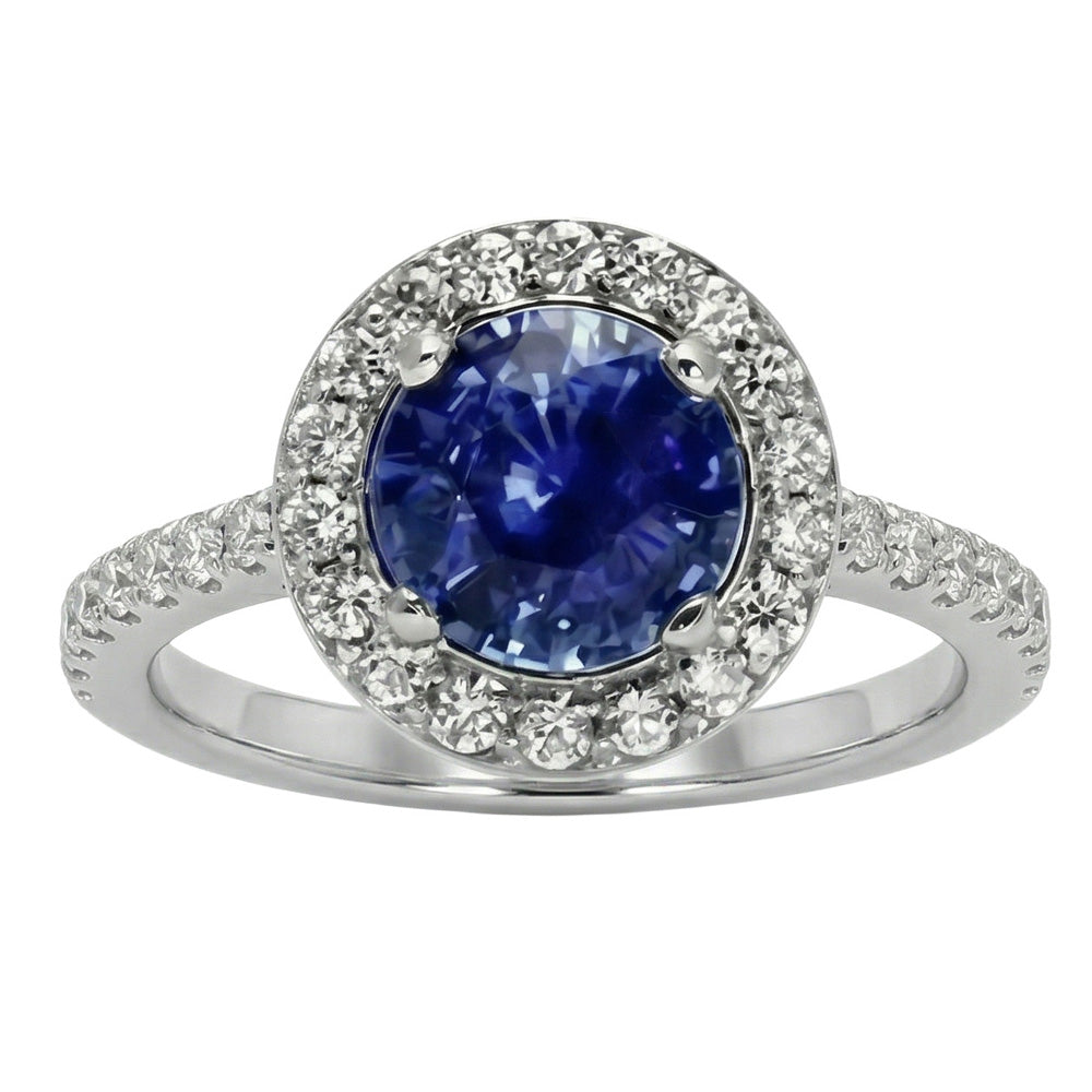 Halo Round Ceylon Sapphire Natural Earth Mined Diamond Ring White Gold 14K