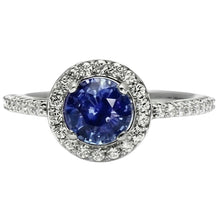Halo Round Ceylon Sapphire Natural Earth Mined Diamond Ring White Gold 14K