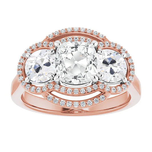 Halo Round & Cushion Old Cut Real Diamond Ring Prong Set 11.50 Carats