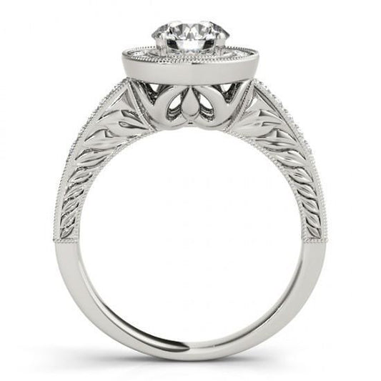 Halo Round Genuine Diamond Vintage Style Ring 1.25 Carat Engraved