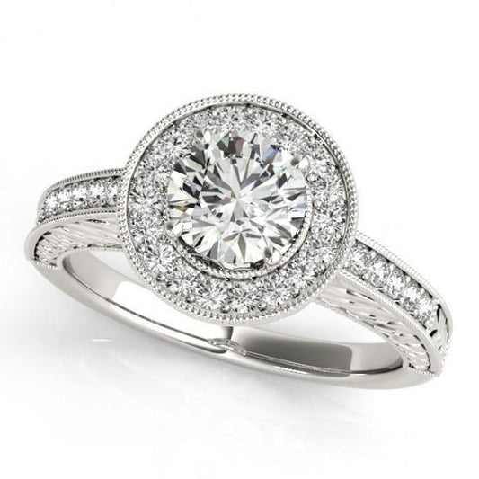 Halo Round Genuine Diamond Vintage Style Ring 1.25 Carat Engraved WG 14K