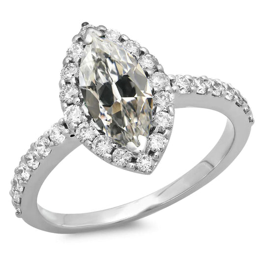 Halo Round & Marquise Old Cut Real Diamond Ring 14K White Gold 7.50 Carats