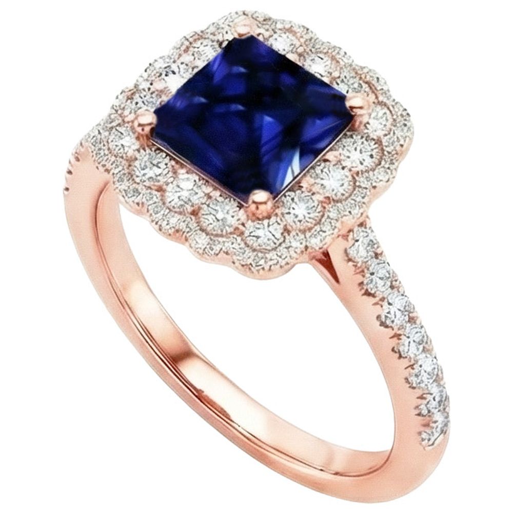 Halo Round Natural Earth Mined Diamond Ring Flower Style Princess Blue Sapphire 7 Carats