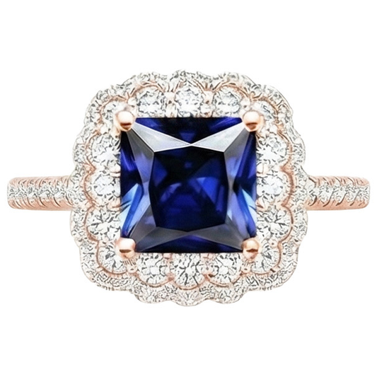 Halo Round Natural Earth Mined Diamond Ring Flower Style Princess Blue Sapphire 7 Carats