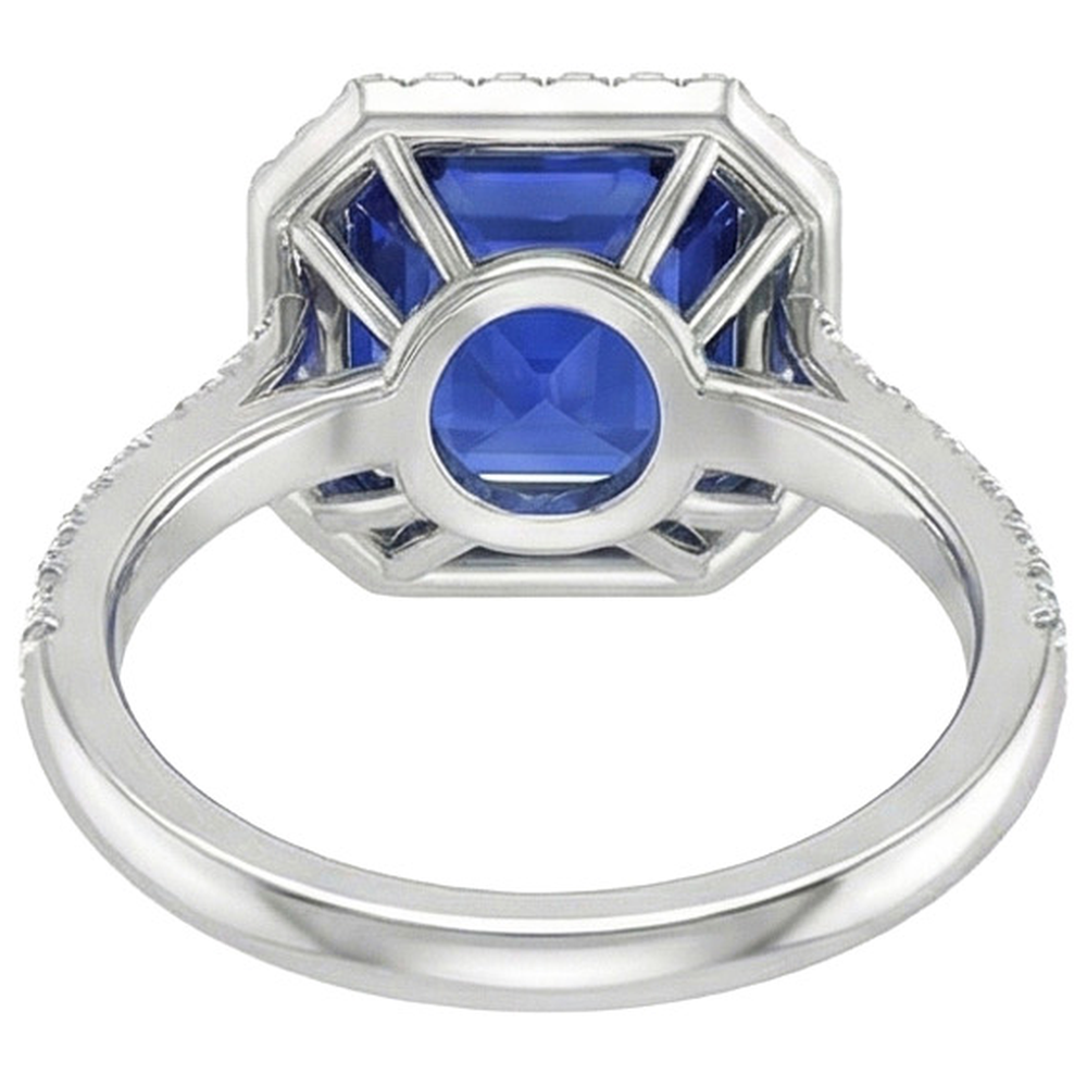 Halo Round Natural Earth Mined Diamond & Asscher Cut Blue Sapphire Ring 5.75 Carats New