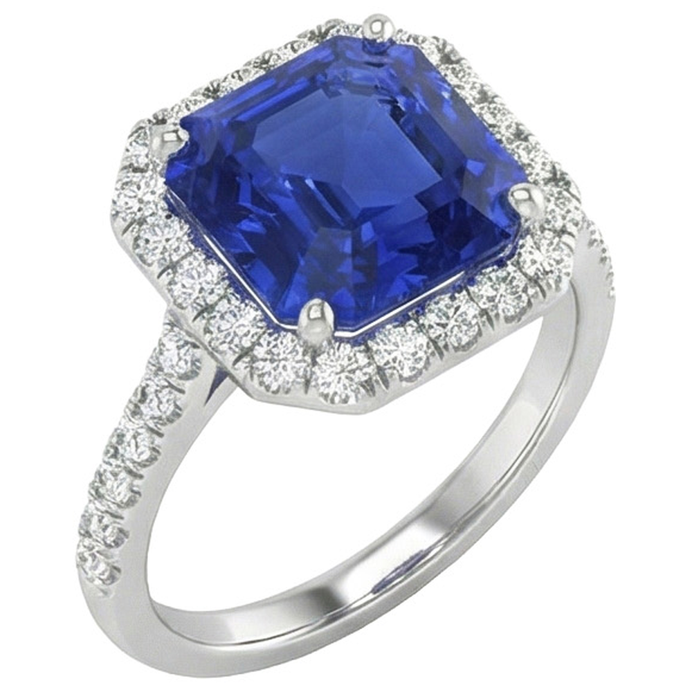 Halo Round Natural Earth Mined Diamond & Asscher Cut Blue Sapphire Ring 5.75 Carats New