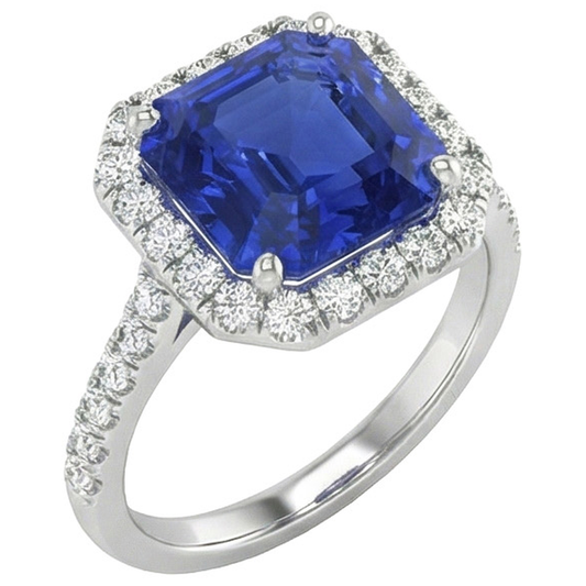 Halo Round Natural Earth Mined Diamond & Asscher Cut Blue Sapphire Ring 5.75 Carats New