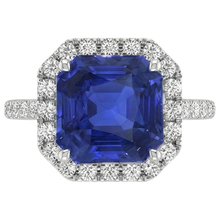 Halo Round Natural Earth Mined Diamond & Asscher Cut Blue Sapphire Ring 5.75 Carats New